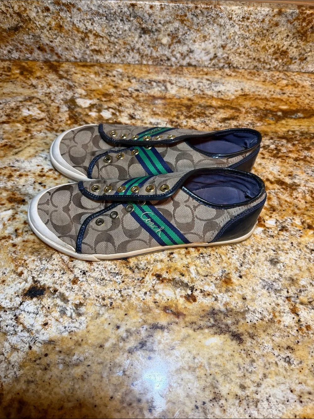 Coach Tan Signature Canvas Slip-On Sneakers with Green & Navy Accents